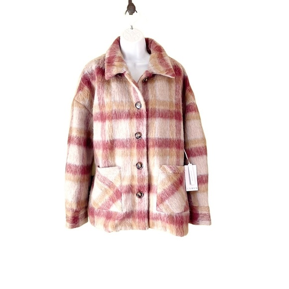 Cyrus Brushed Plaid Button Jacket Shacket Camel Burgundy NWT Statement Maker - Picture 5 of 9
